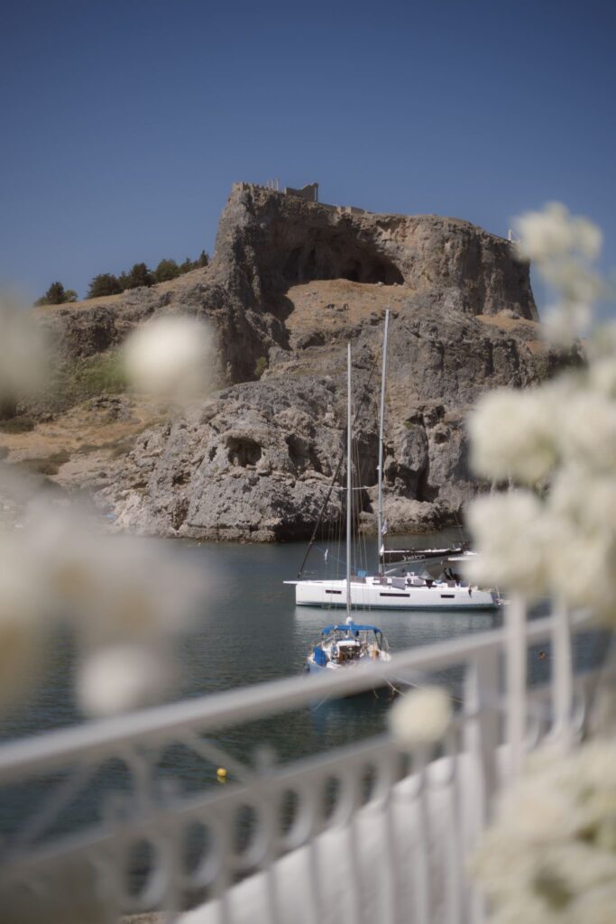 Romantic destination wedding on Rhodes, Greece, photographed in Lindos St Paul Bay