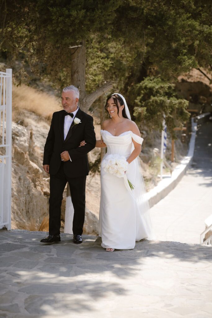 Romantic destination wedding on Rhodes, Greece, photographed in Lindos St Paul Bay