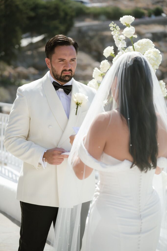 Romantic destination wedding on Rhodes, Greece, photographed in Lindos St Paul Bay