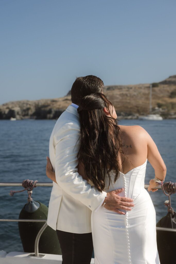 Romantic destination wedding on Rhodes, Greece, photographed in Lindos St Paul Bay