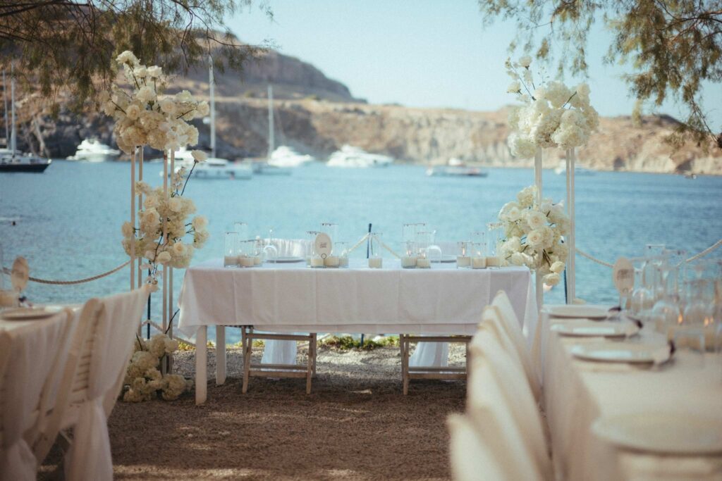 Romantic destination wedding on Rhodes, Greece, photographed in Lindos Skala