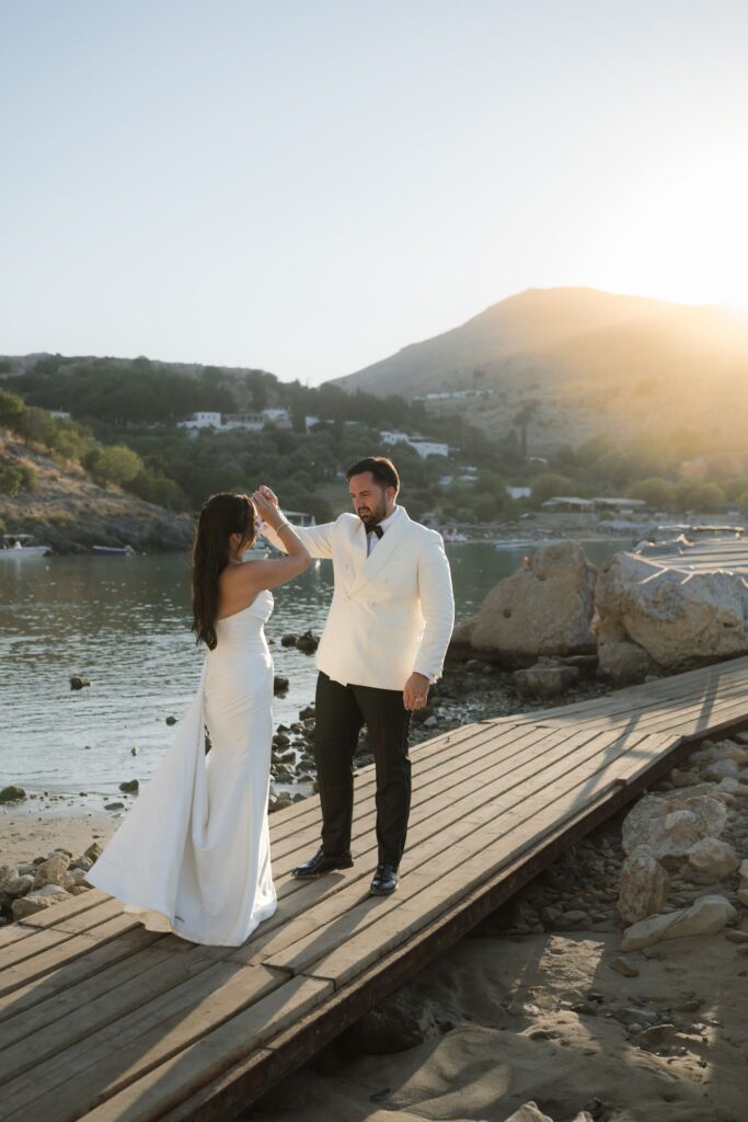 Romantic destination wedding on Rhodes, Greece, photographed in Lindos Skala