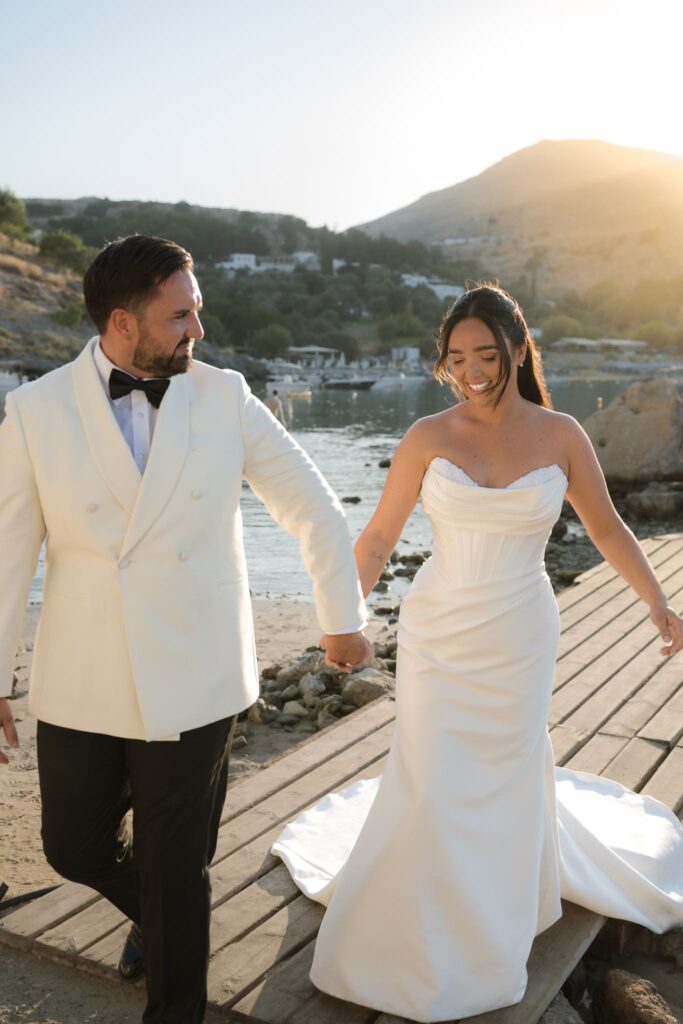 Romantic destination wedding on Rhodes, Greece, photographed in Lindos Skala