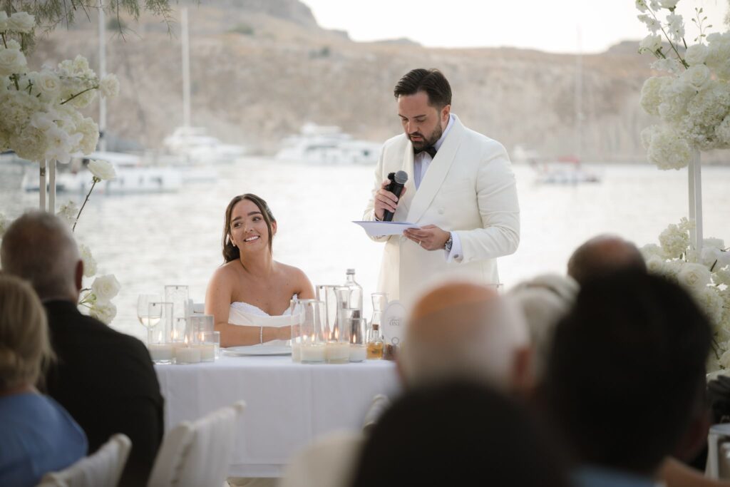 Romantic destination wedding on Rhodes, Greece, photographed in Lindos Skala