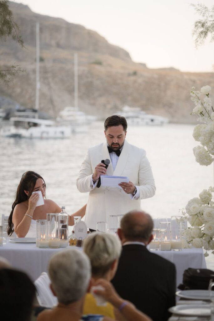 Romantic destination wedding on Rhodes, Greece, photographed in Lindos Skala