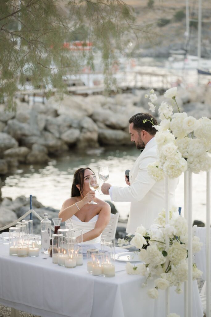 Romantic destination wedding on Rhodes, Greece, photographed in Lindos Skala