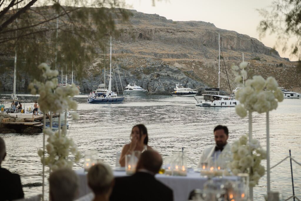 Romantic destination wedding on Rhodes, Greece, photographed in Lindos Skala