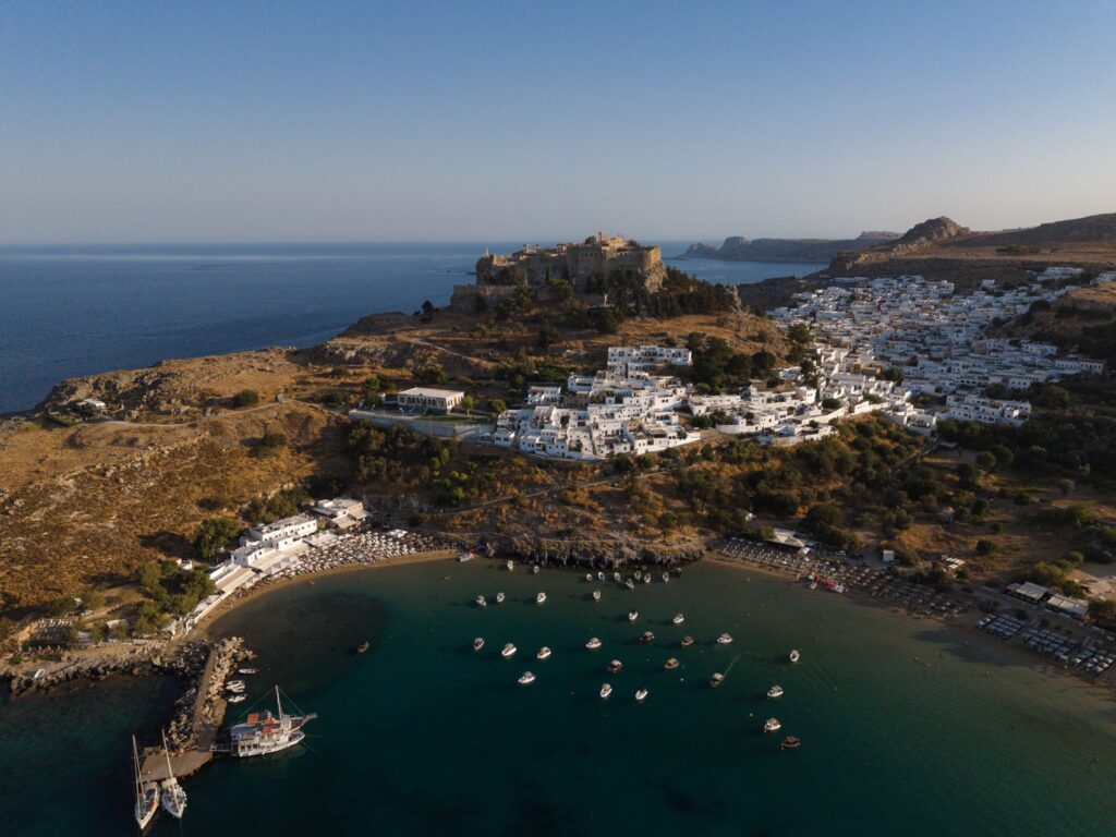Romantic destination wedding on Rhodes, Greece, photographed in Lindos Skala